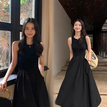 Black Knitted Long Dresses for Women 2025 Summer Sleeveless Round Collar Vest Dress Woman Korean Chic with Pockets Mini Dress 1