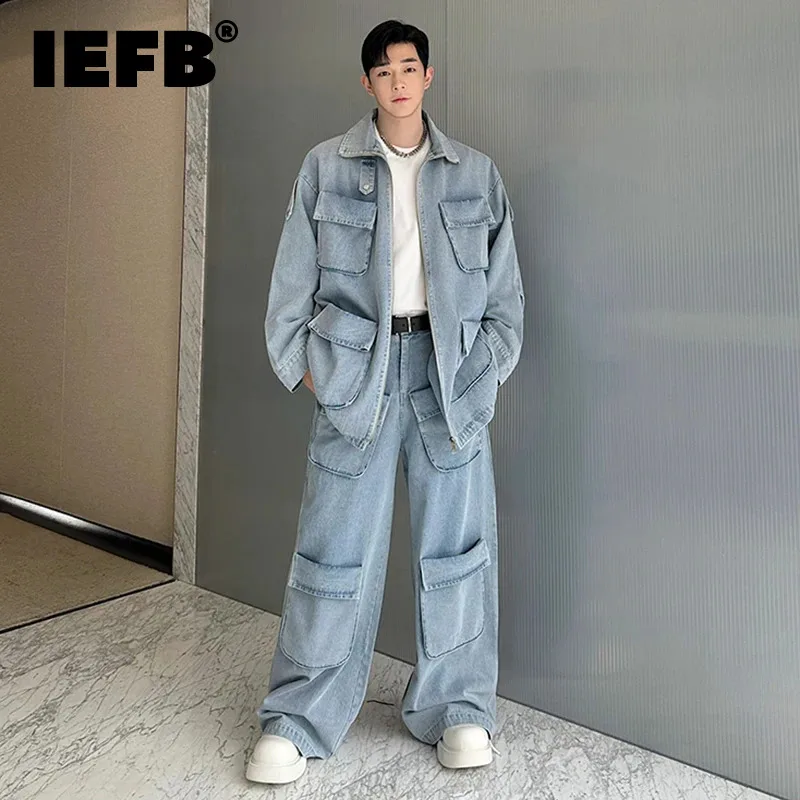 IEFB Men's Denim Two-piece Retro Lapel Jacket Wide Leg Jeans Washed Multi Pockets Design Male Suit 2024 New Stylish 9C5512