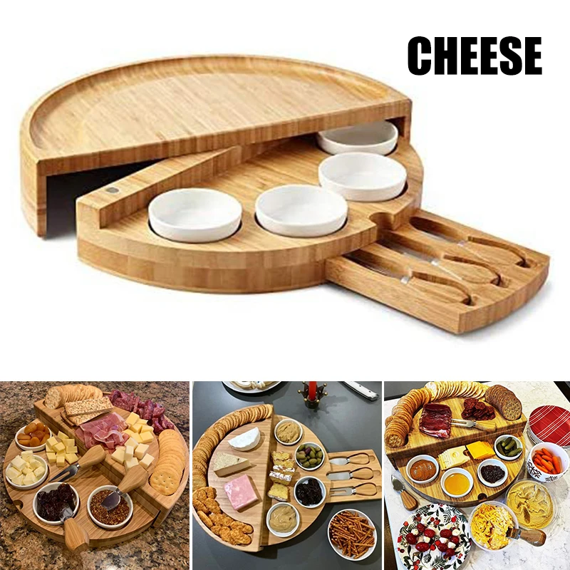 Cheese Board Cutlery Cutter Set with Slide Out Drawer Cooking Tool Slicer Fork Scoops Cut Wooden Cheese Plate Kitchen Tools