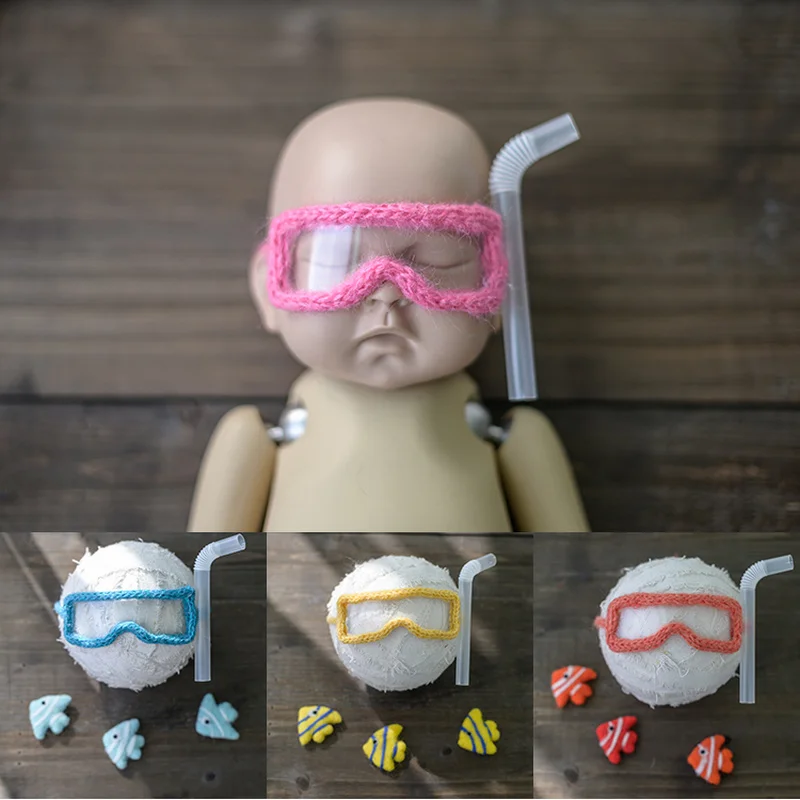 Dvotinst Newborn Baby Photography Props Handmade Wool Mini Ocean Diving Goggles Fishes Set Studio Shoot Accessories Photo Props