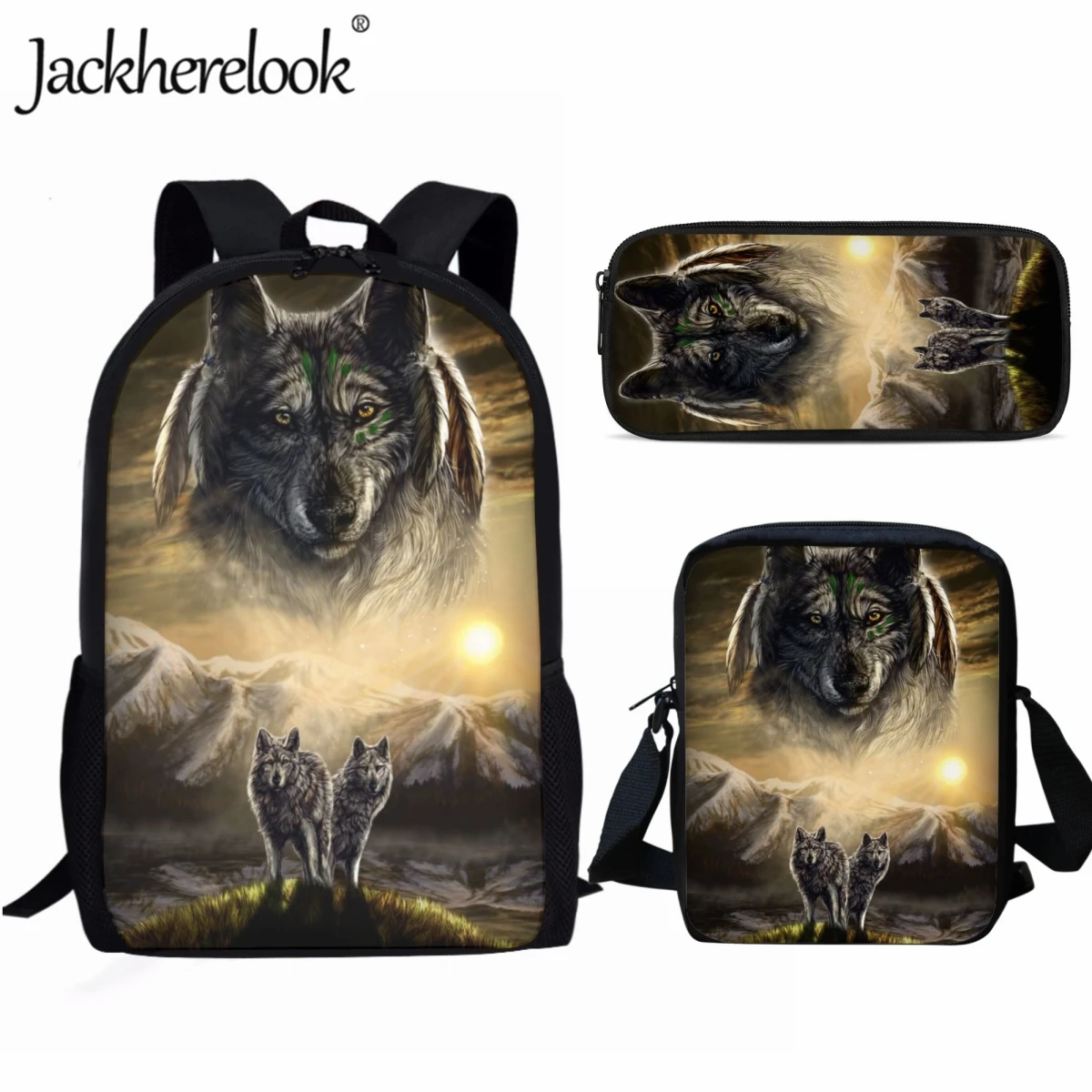 Jackherelook Teenagers Kids School Bags Sets Prestige Wolf King Pattern Trendy Cool Sports Backpacks for Boys Girls Travel Bags