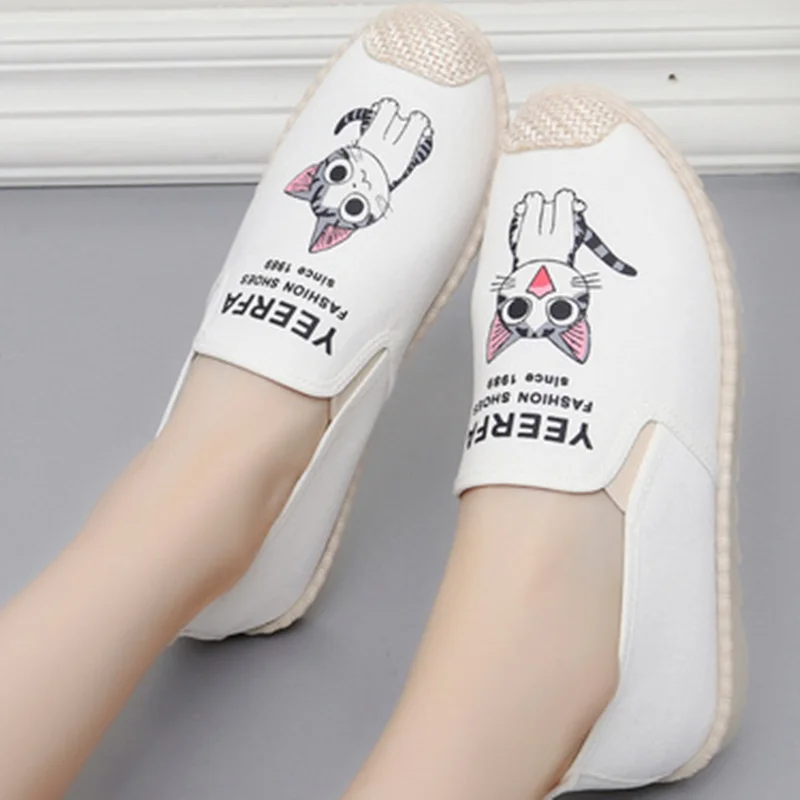 Women Cute Old Peking Cloth Canvas Shoes Round Toe Hemp Insole Embroidery Flowers Balerinas Daily Slip-Ons De Mujer Black 40 35