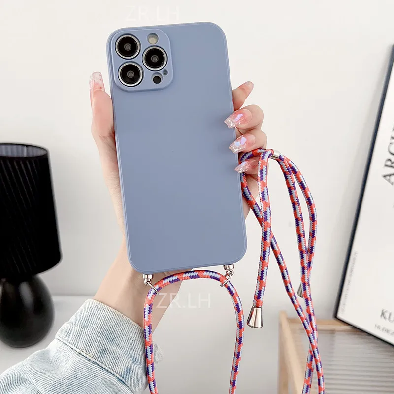 Crossbody Necklace Strap Lanyard Cord Liquid Silicone Case For iphone 15  Pro 14 12 13 Mini 11 X XR XS Max 6 7 8 Plus SE 2 Cover