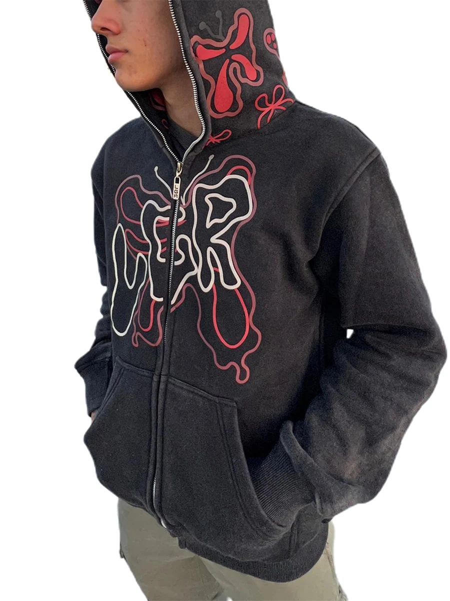 

Goth Embroidery Hoodies Women High Street Harajuku Retro Hip Hop Zip Up Hoodie Loose Man Sweatshirt Hoodie Clothes Y2K Hoodie
