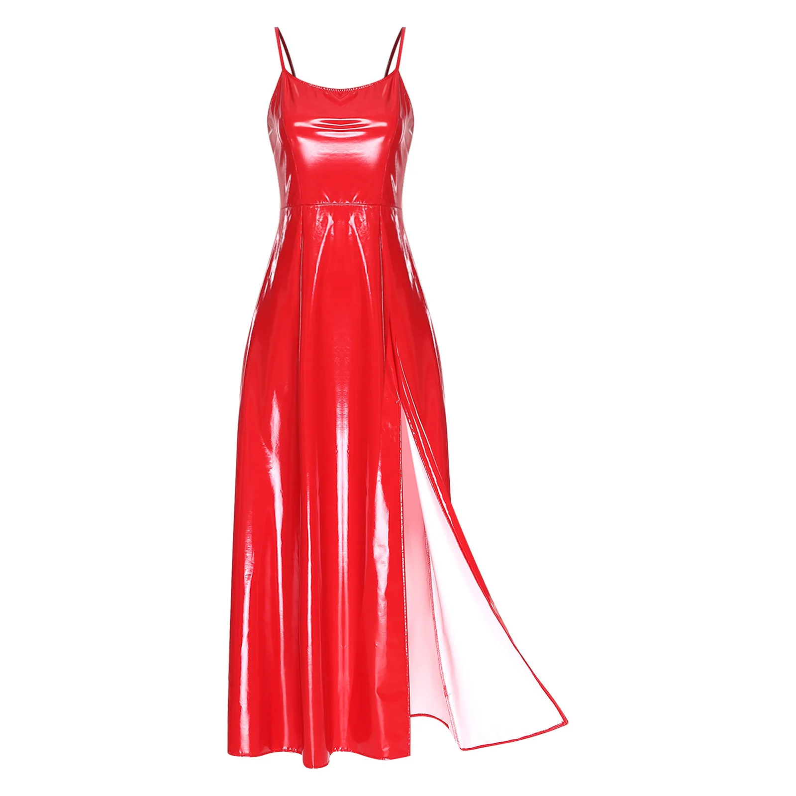 Womens Side Slit Hem Back Lace-up Sling Bodycon Dress Gothic Punk PU Leather Dress Glossy Maxi Dress Raves Club Party Costume