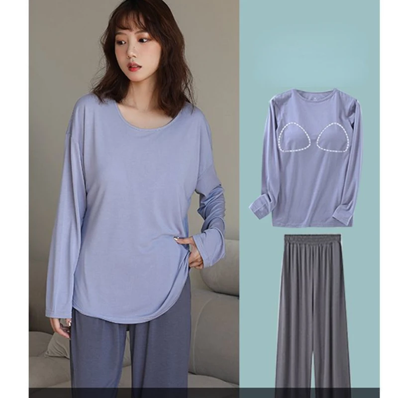 Cotton Sleepwear Women with Chest Pads Pajama Sets Spring Autumn Long Sleeve Pants Summer Pajamas Loungewear Set Loose Korean