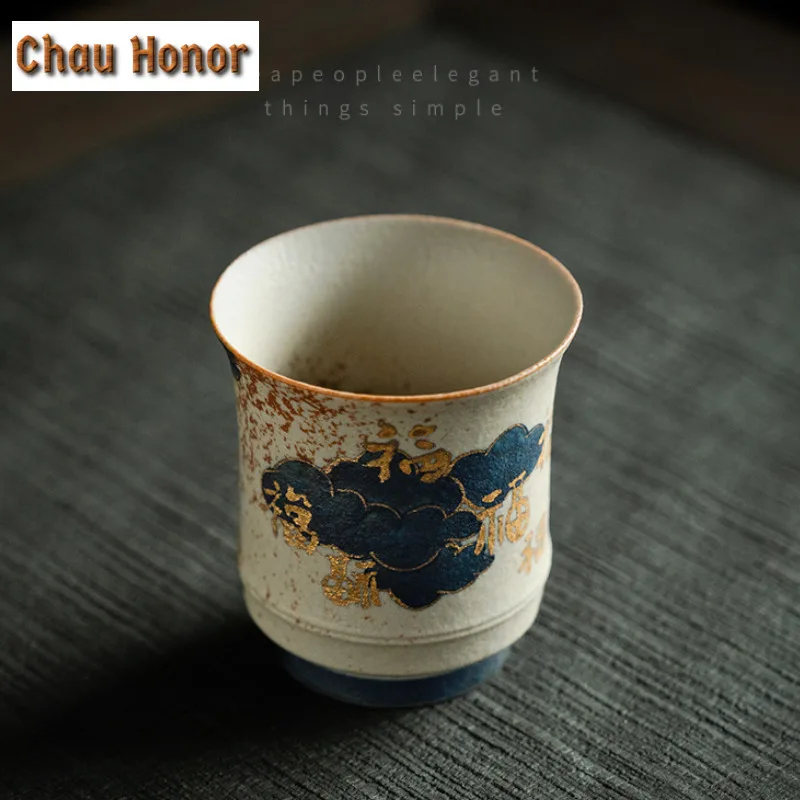 95ml Blue And White Flint Red Teacup Handmade Gold Drawing Auspicious Clouds Master Cup Personal Coffee Mug Water Jug Drinkware