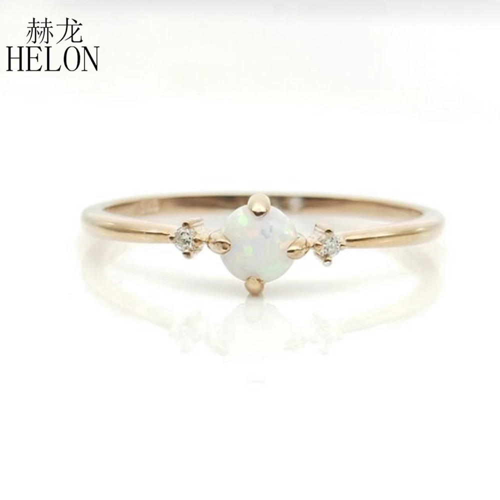 

HELON Solid 10k Yellow gold Ring Round cabochon Synthetic Opal 4mm & Cubic Zirconia Engagement Wedding Ring Women Trendy Jewelry