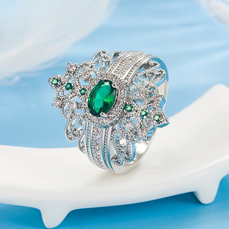 

HOYON New diamond emerald AAA zircon ring retro palace style ring ladies jewelry