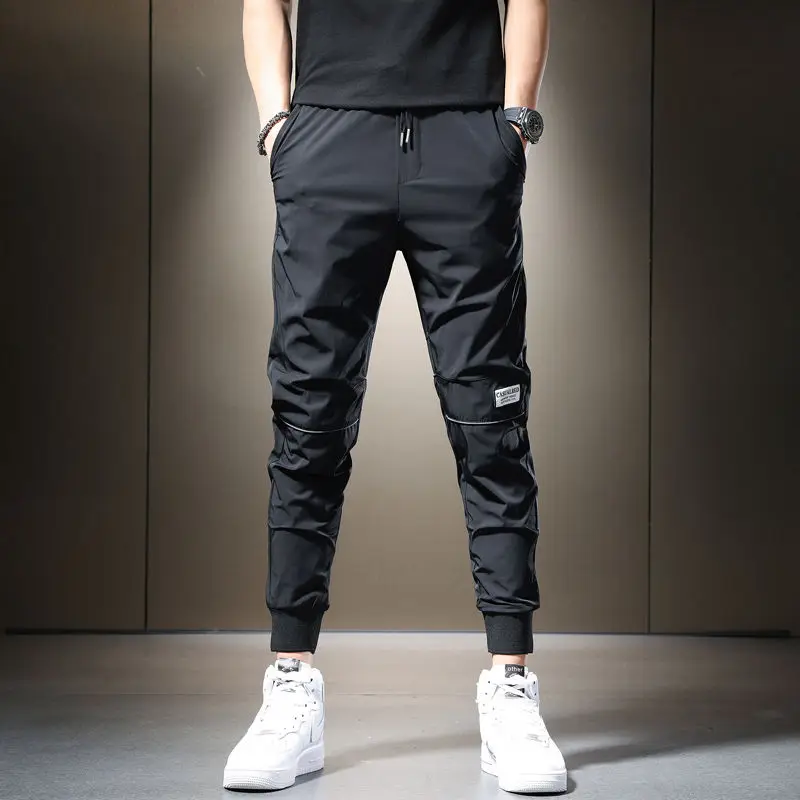 Summer 2023 Men's Casual Pants Black Grey Drawstring Joggers Lightweight Breathable Quick Dry Trousers Ice Silk Sportswear Man images - 6