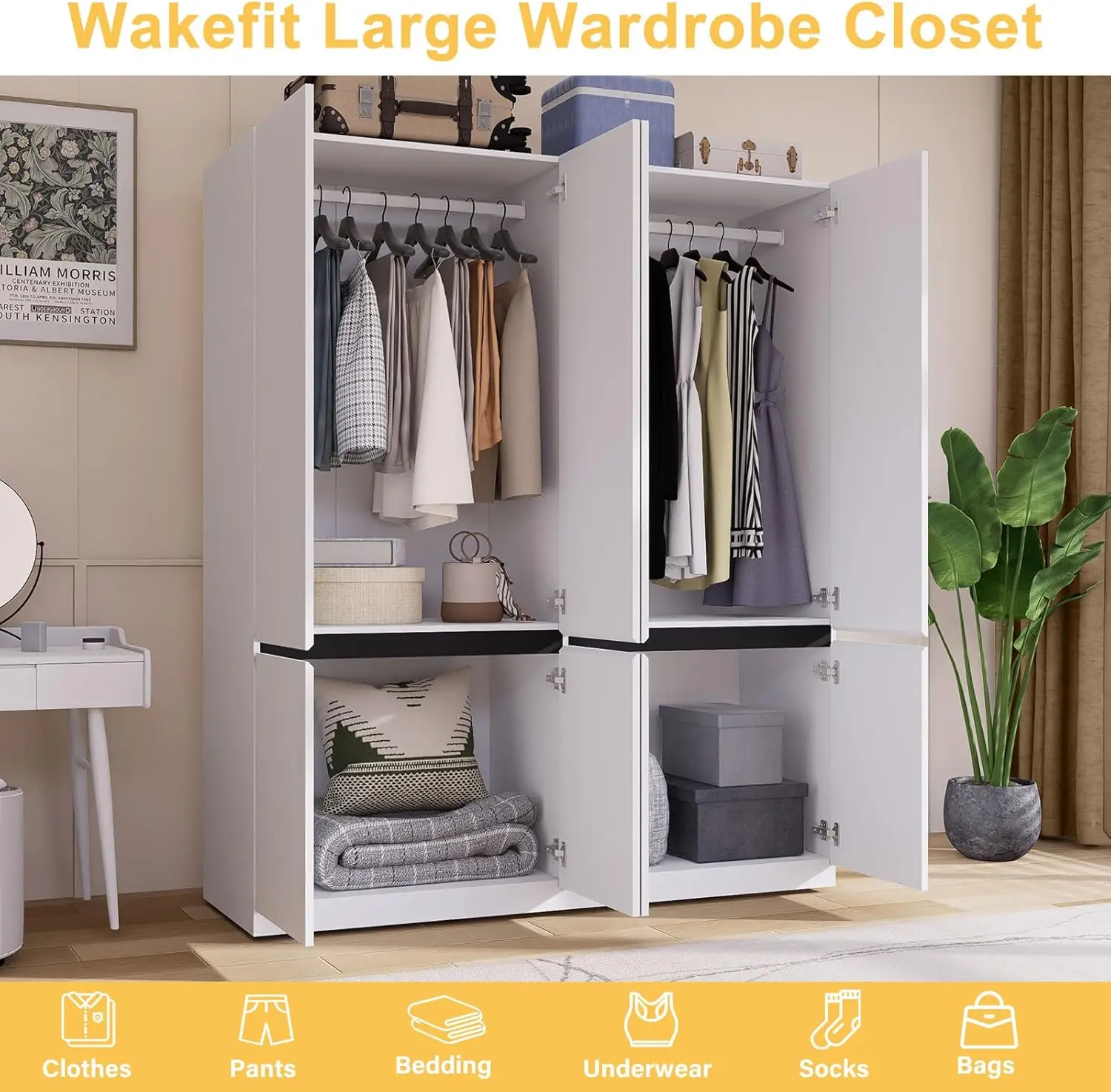 NEW 4 Doors Armoire Wardrobe Closet with Mirror, Wooden Bedroom Armoires with Hanging Rod, Freestanding Wardrobe Cabinet 4