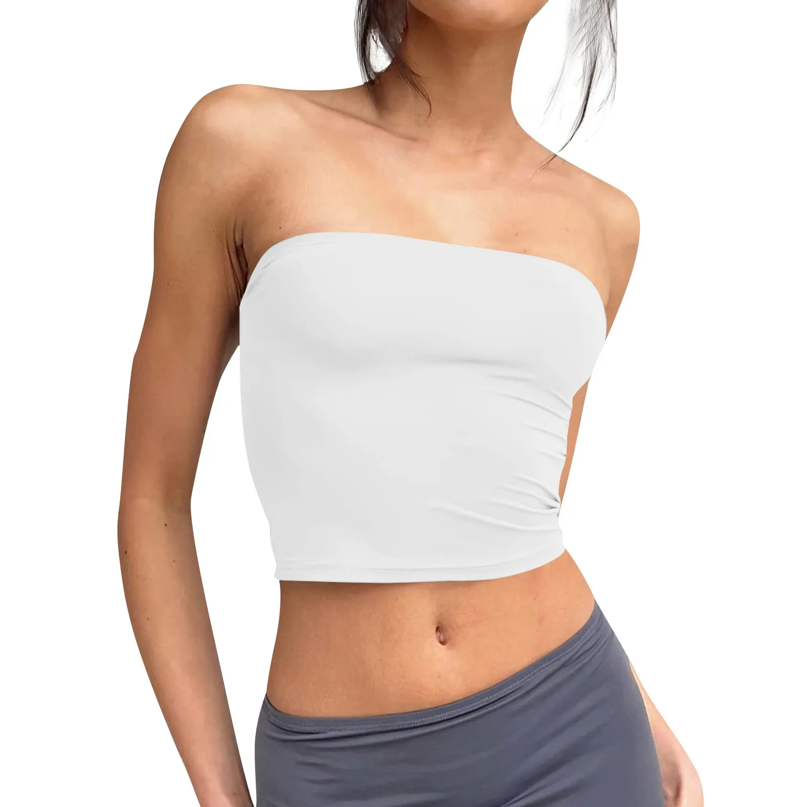 Summer Fashion And Slim Fit Off Shoulder Sexy Solid Colour Basic Backless Sleeveless Strapless Short Crop Tops For Female