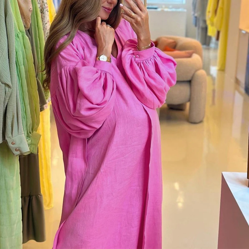 

Elegant Cotton Linen Outfits Sexy V-neck Sleeveless Long Dress & Long Cardigan Set Women Casual Puff Sleeve Loose Solid 2Pc Suit