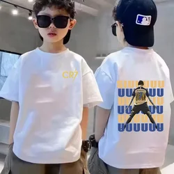 Youth Front Back Print Cotton T - Shirt, Football Icon Casual Tee, Celebration Graphic Summer Tops - 100 (WHITE)