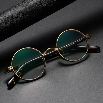 Luxury Design Men Handmade IP Titanium Round Frame Acetate Arms Glasses Women Vintage Optical Myopia Eyeglasses Frame