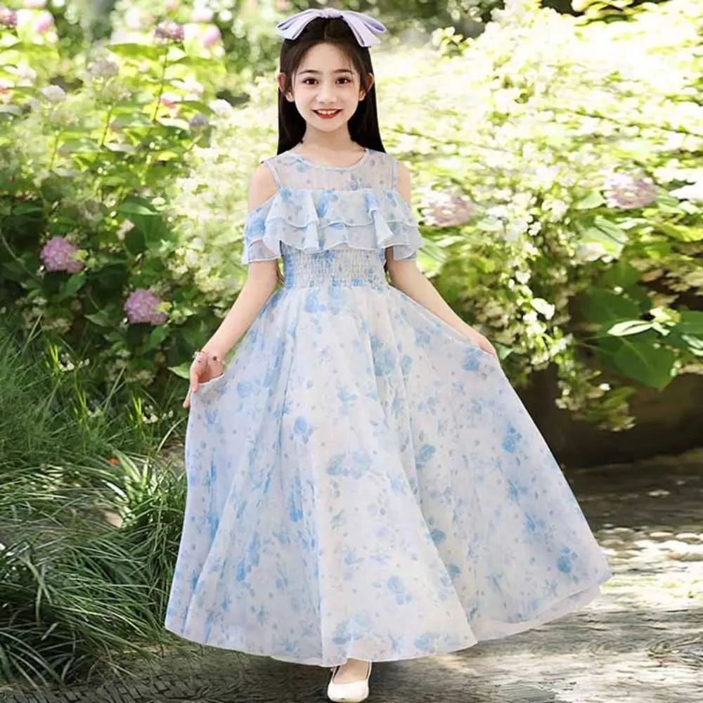 Elegant Loose Girls Chiffon Floral Dress Pleated Teenagers Summer Dresses Party Beach Vacation Children Princess Dress Beach
