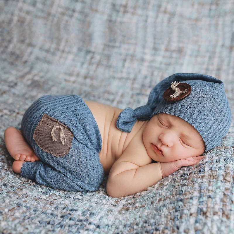 

6 Colors Newborn Photography Props Baby Pants Long Tail Knot Hat Set Knitted Trousers Beanies Cap Kit for Infants