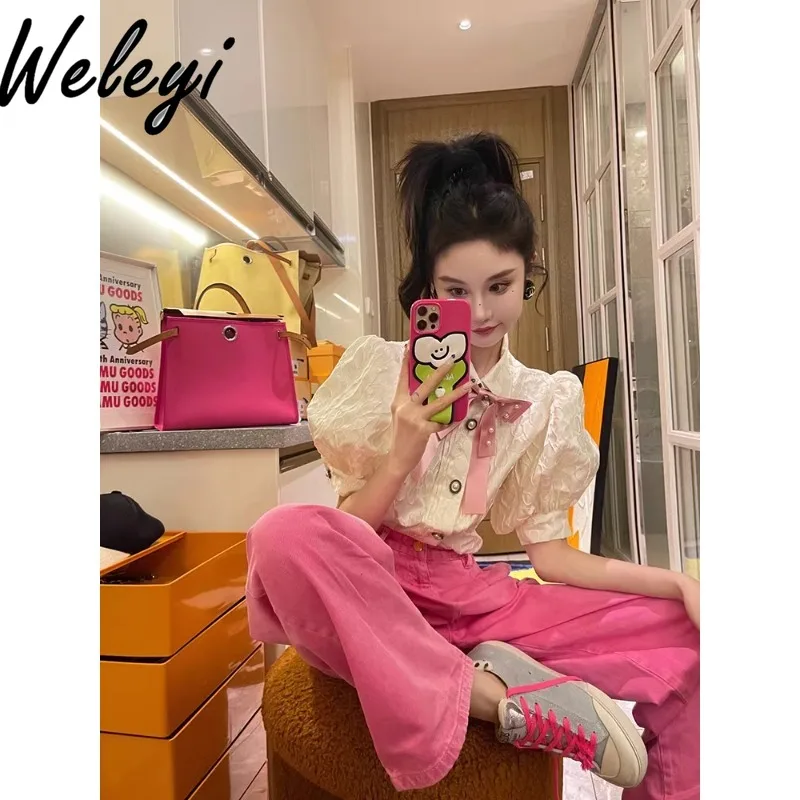 

Woman Sweet Trousers Suit 2024 Spring and Summer Cute Puff Sleeve Fashion Graceful Bow Shirt Casual Straight Pants Two Piece Set