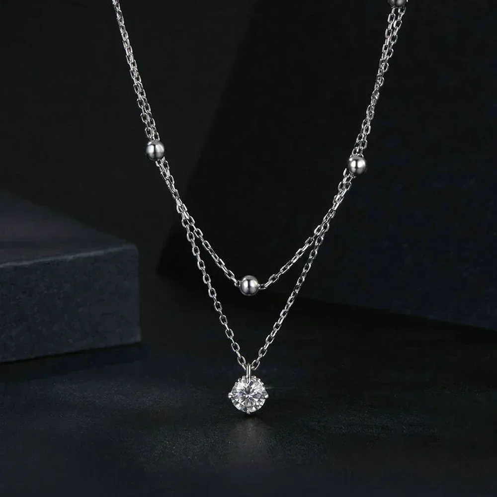 FEOBUR 5mm Certified Moissanite Pendant Layered Necklace 925 Sterling Silver for Women Double Layer Clavicle Chain Party Jewelry 4
