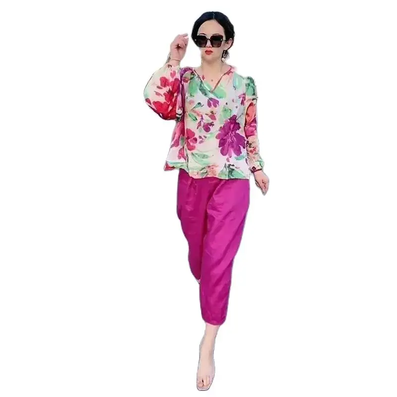 Single/set 2022 Spring Autumn Women New Loose Slimming Age-Reducing Printed Top Nine-Point Pant Two-Piece Suit Pant SetsA1136