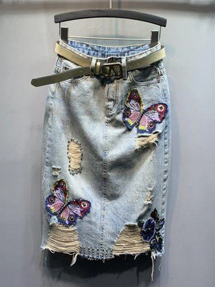

Spring And Summer New Beaded Sequins With Holes Mid-calf Denim Skirt Woman Retro Blue Streetwear All-match A-line Skirt Trend
