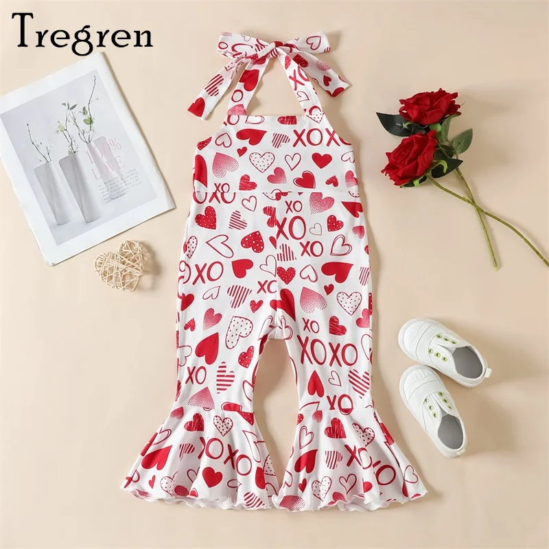 

Tregren Toddler Baby Girl Valentine’s Day Outfit Cute Heart Print Sleeveless Halter Jumpsuit Elastic Waist Bell Bottoms Pants