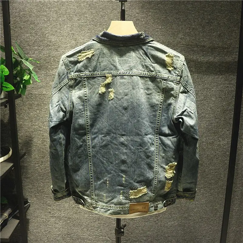Spring and Autumn New Japanese Fashion Brand ripped Beggar Casual Denim Coat Retro Slim Fit Raspy Handsome Jacket Top