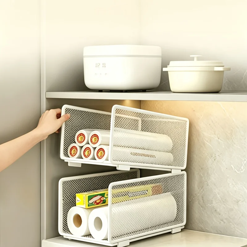 Cestini Impilabili per Organizzazione Cucina, Porta Rotoli di Carta, Pellicola Alimentare e Barattoli di Spezie, Scaffali per Armadietti Domestici - immagine 4
