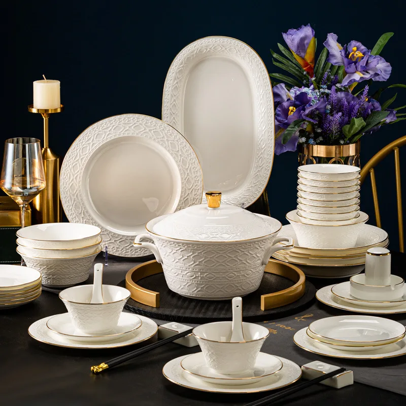 

Bone china tableware, white relief, high sensitivity plates, bowls, household items, light luxury gifts