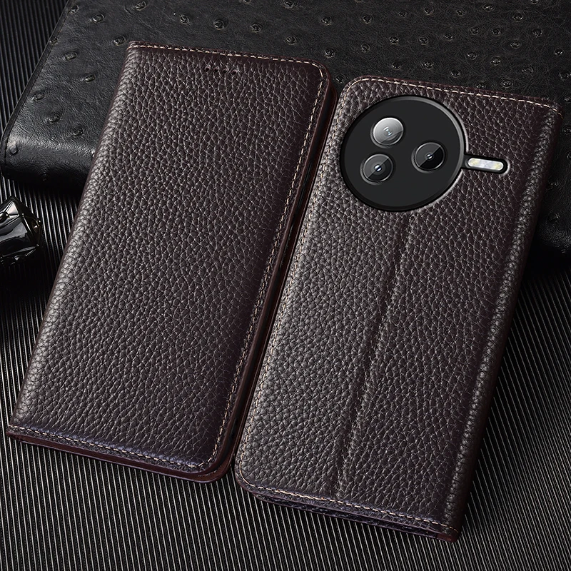 Litchi Genuine Leather Flip Phone Case Cover