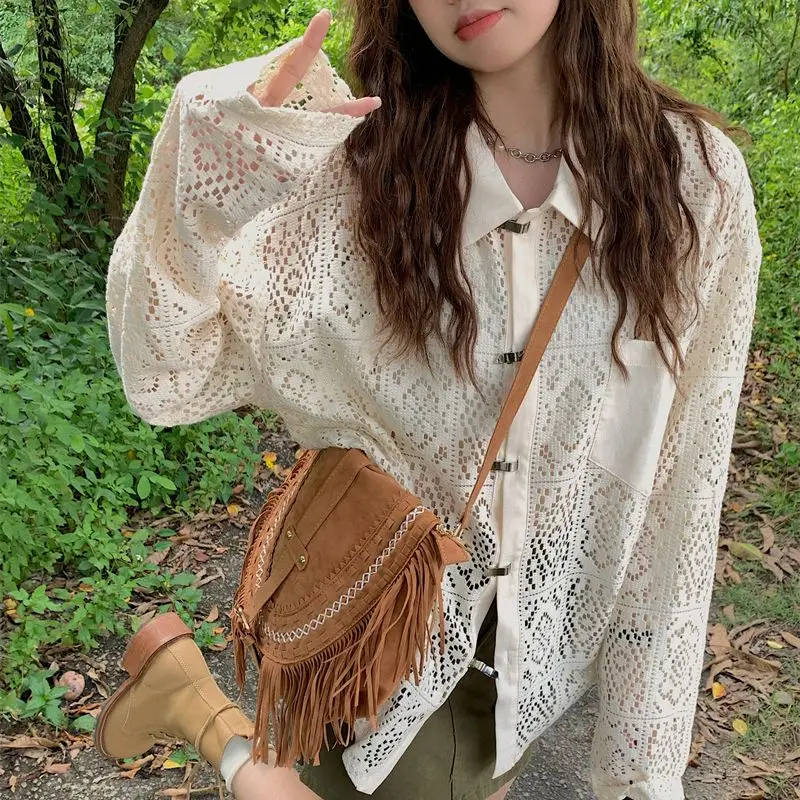 

2022 Winter New Women's Shirt Korean Long Sleeve Loose Hollow Design Single Breasted Lapel Fashionable Versatile Free Shipping