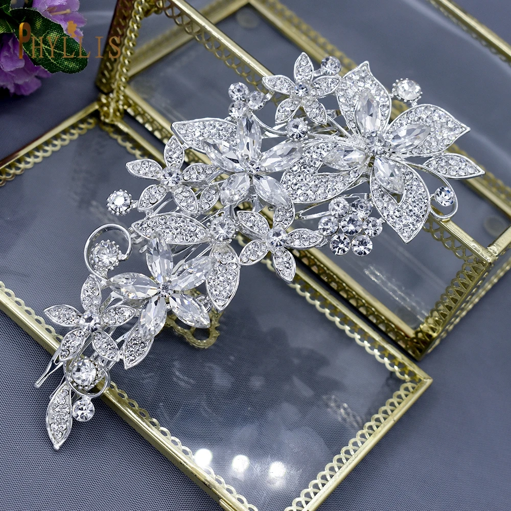 A411 Luxury Alloy Flower Wedding Hair Comb Bridal Crowns and Tiaras Wedding Hair Jewelry Rhinestone Headband for Party