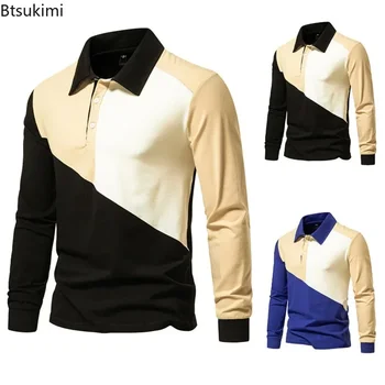 2026 Polo a maniche lunghe da uomo nuova Moda Patchwork Design Mezza abbottonatura Risvolto Pullover da uomo Casual Colorblock Top T-shirt
