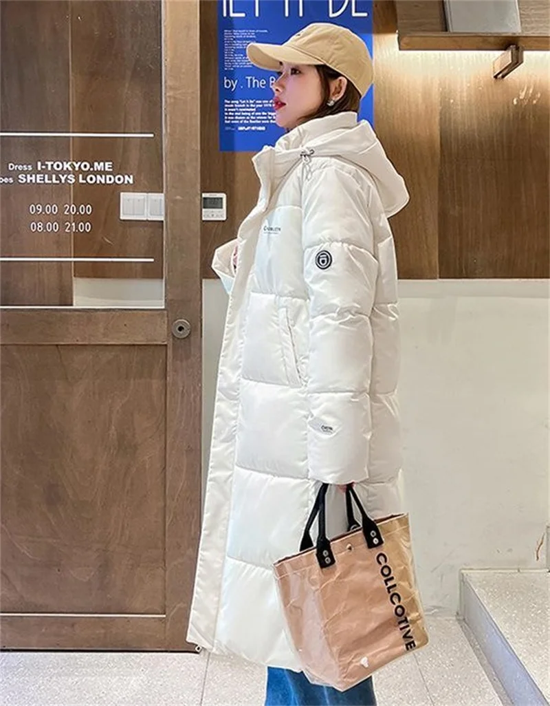 2025 Solid Long Down Parka Women with Hood Cotton Padded Jacket Winter Overcoat Fashion Thicken Warm Puffer Coat Female