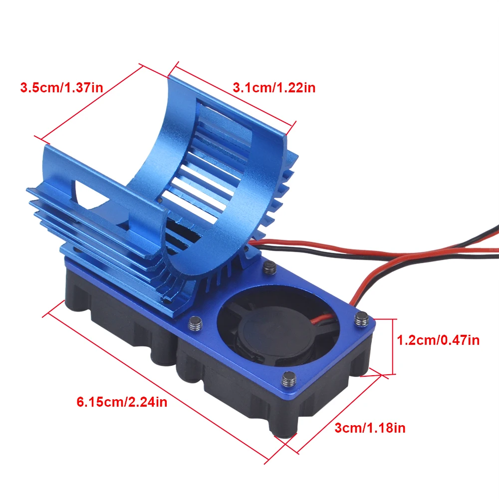 Vue de dessus du dissipateur thermique pour moteur RC 540/550/3650/3660, ventilateurs argentés sur fond noir
