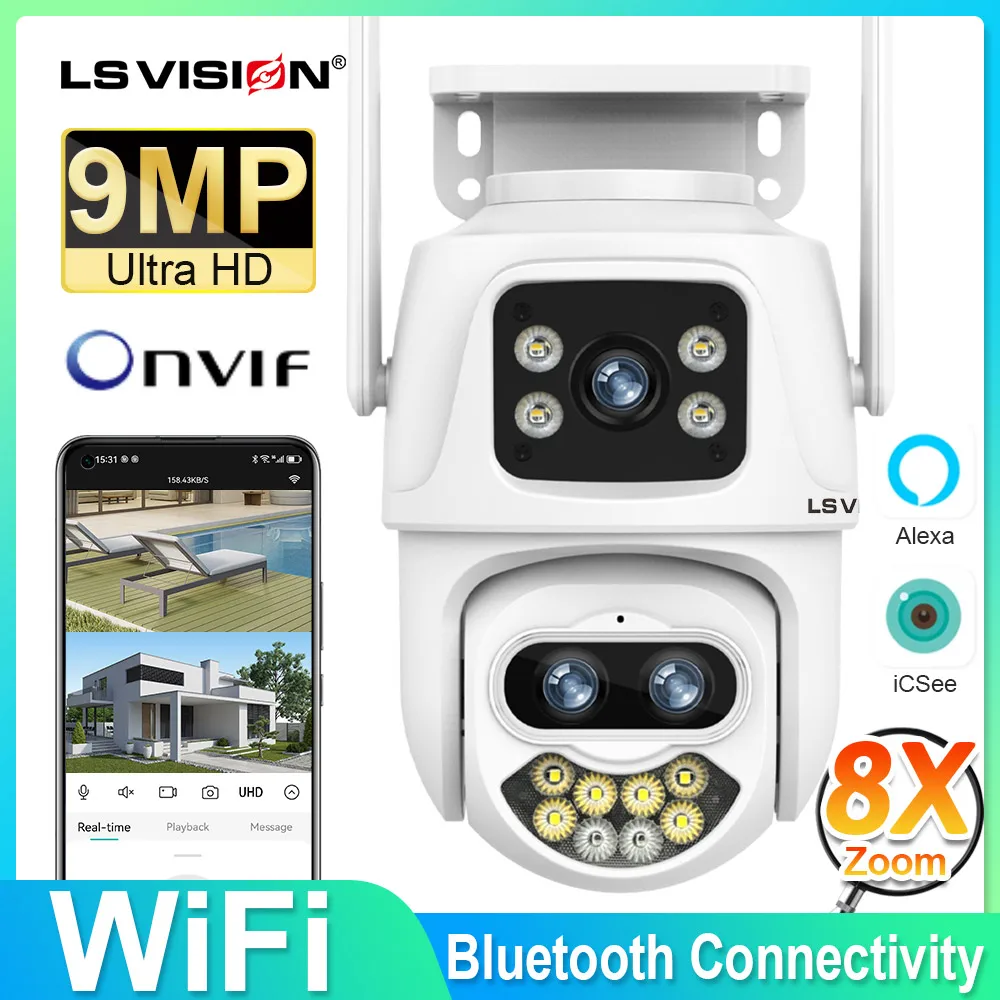 

LS VISION 4K Wifi Survalance Camera Outdoor 8X Zoom Dual Screen PTZ Camera Auto Tracking Onvif CCTV Camera ICSee App PC client