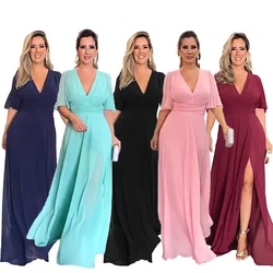 2023 Women Chiffon Long Dress Fashion Split V-neck Solid Half Sleeve Looes Dresses For Women