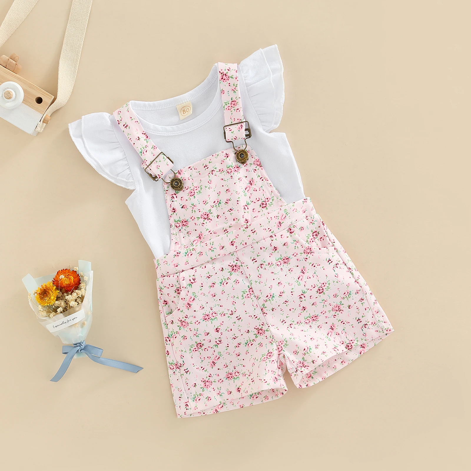 Girls Floral Suspender Shorts Set 3