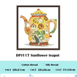 Sunflower Teapot Cross Stitch Kit with Aida Fabric and Cotton Thread - 18ct unprint canvas (WHITE)