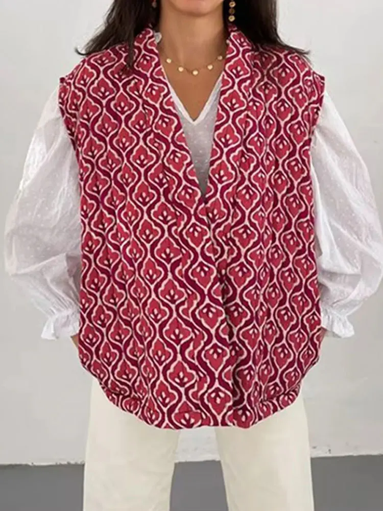 HH Autumn Winter Women Print Waistcoat Loose Casual  V Neck Sleeveless Open Front Vest 2024 Female Fashion Streetwear Top