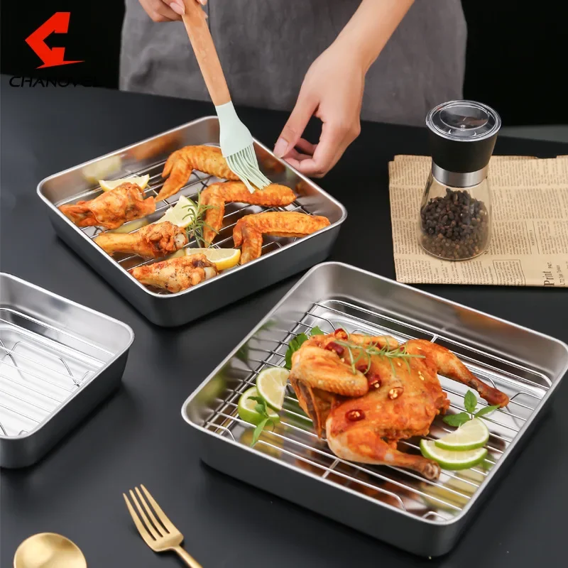 Square Stainless Steel Deepening Baking Tray Nonstick Cookie Bread Fruit Storage Plate with Grid Draining Dish Kitchen Utensils 3