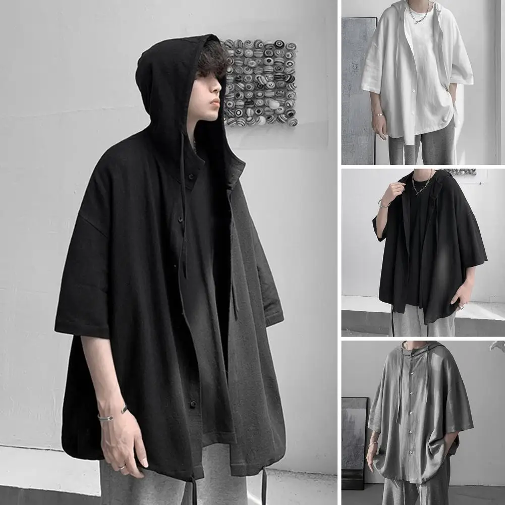 

Half Sleeve Drawstring Men Tops Solid Color Single Breasted Oversize Jacket Hip Hop Style Summer Hooded Shirt Coat Streetwear