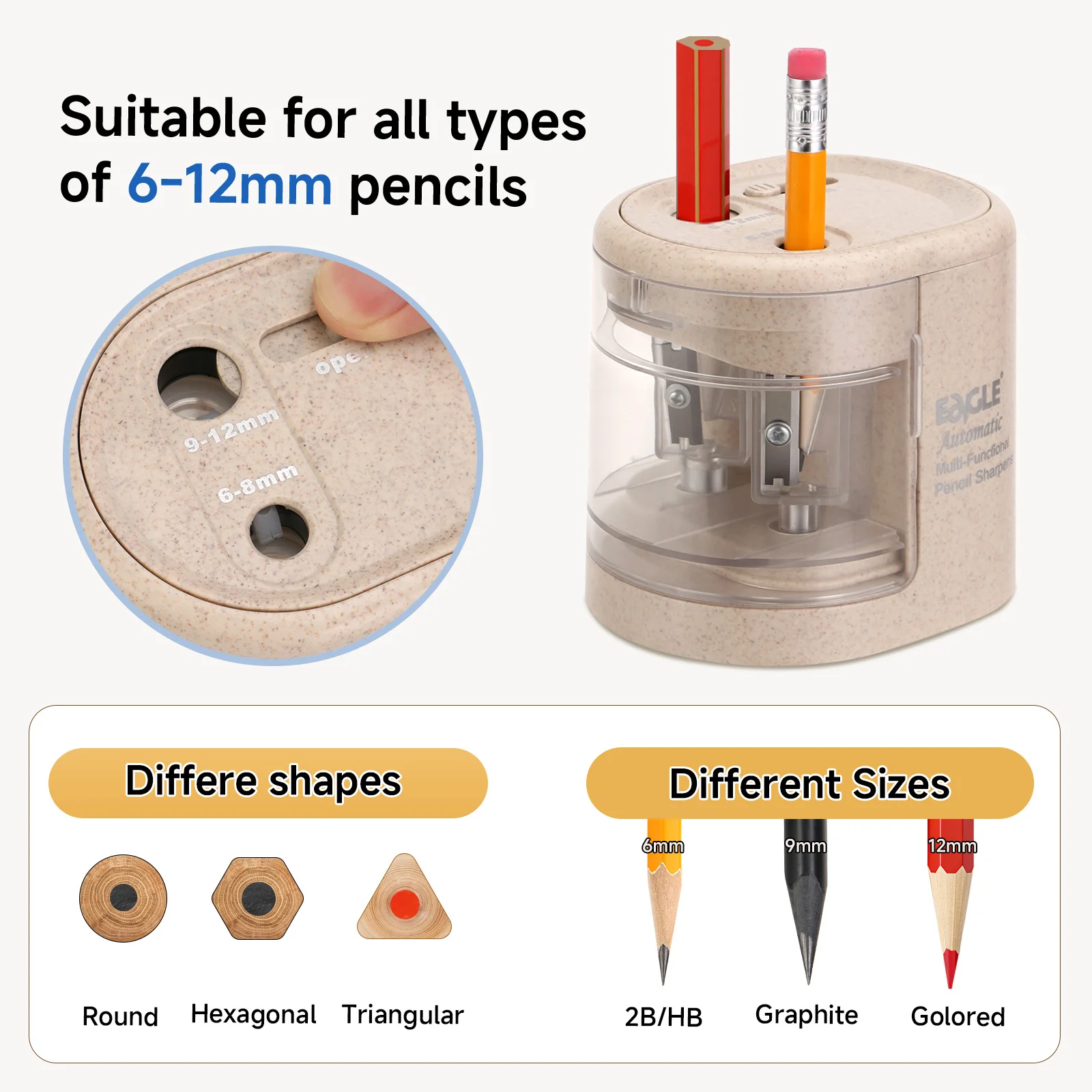 EAGLE Automatic Electric Pencil Sharpener, 5S Fast Sharpening for 6-12mm All Shapes Pencils Home School Office Art Studio - 3