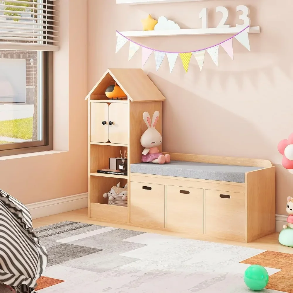 Kids Bookcase and Bookshelf with Reading Nook, Toy Storage Organizer for Kids, Oak Castle Wooden Bookcase with 3 Open Storage 5