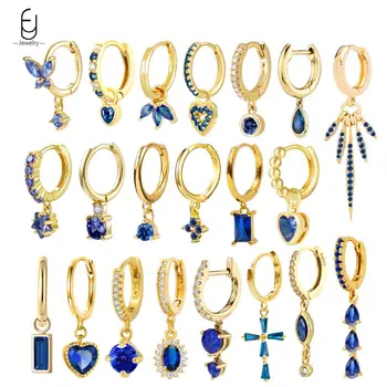 925 Sterling Silver Ear Needle Blue Crystal Geometric Pendant Earrings Luxury Dark Blue Heart Gold Earrings Party Fine Jewelry