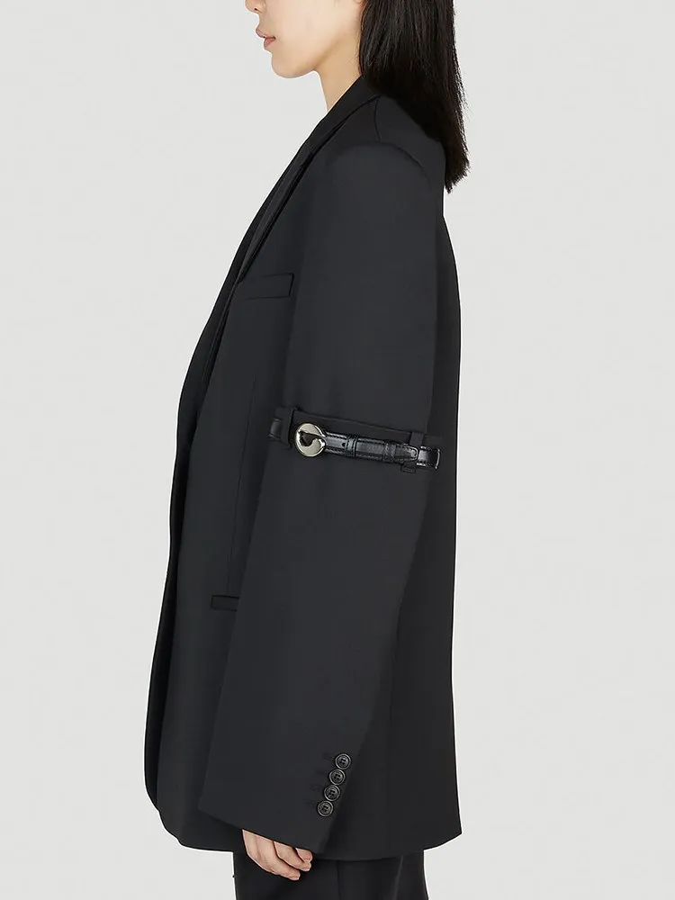 TWOTWINSTYLE Solid Patchwork Belt Chic Blazer For Women Notched Collar Long Sleeve Spliced Pocket Temperament Blazers Female New