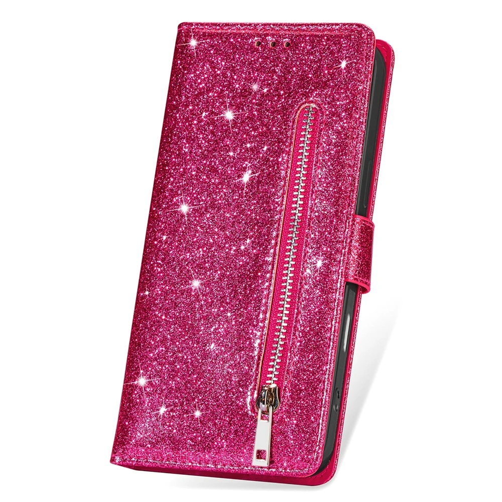 Glitter Wrist Strap Leather Flip Kickstand Wallet Phone Case with Card Holder
