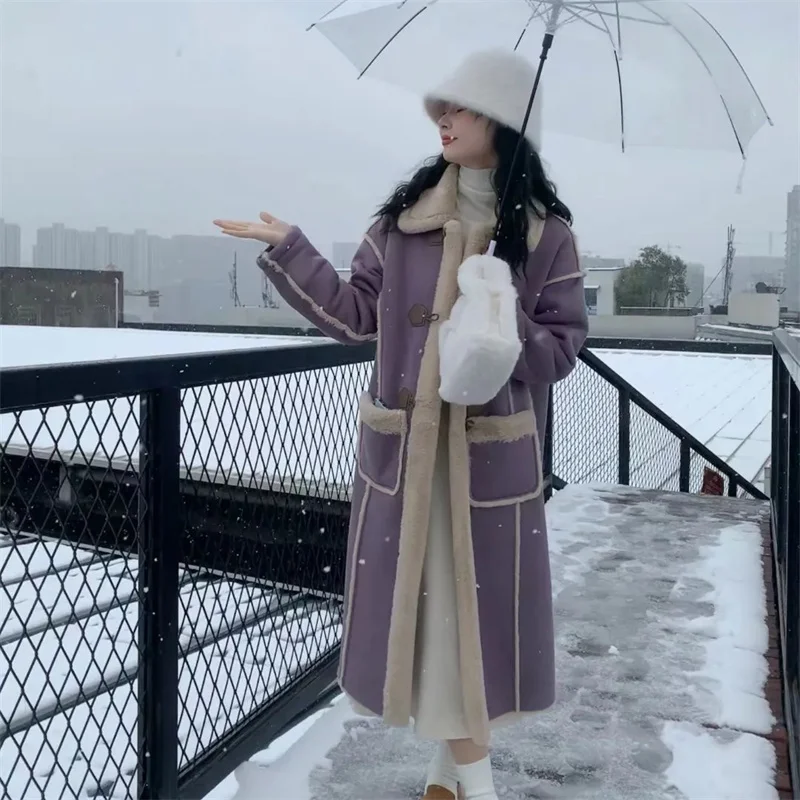 Suede Lamb Fur Coat for Women's Winter Thickened and Fur 2023 New High Grade Long Thickened Loose Warm Fur Jacket Female Purple