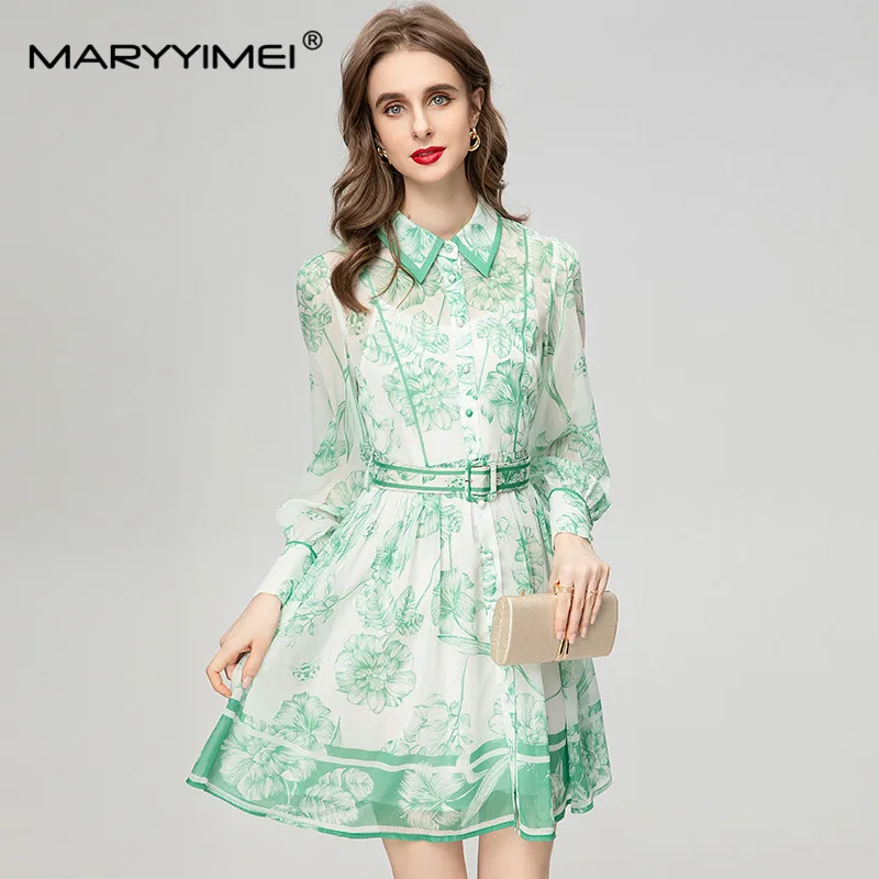 

MARYYIMEI Spring Fashion Designer Women's dress Turn down Collar Long sleeved Single breasted Floral Print belt Vacation Dresses