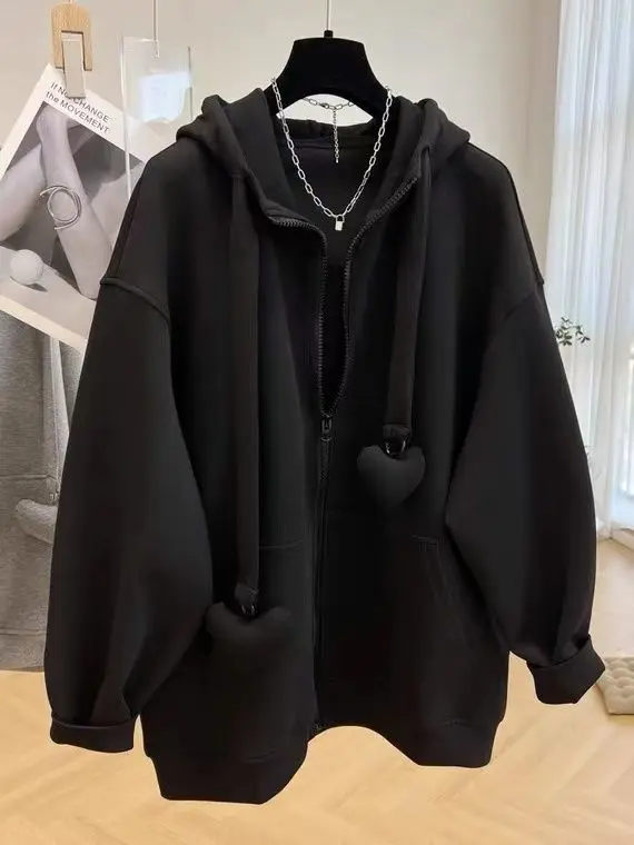 2-300 Pounds Plus Size Premium Hooded Sweatshirt for Women's Spring and Autumn Loose Cardigan Oversized Winter Fleece Jacket 3